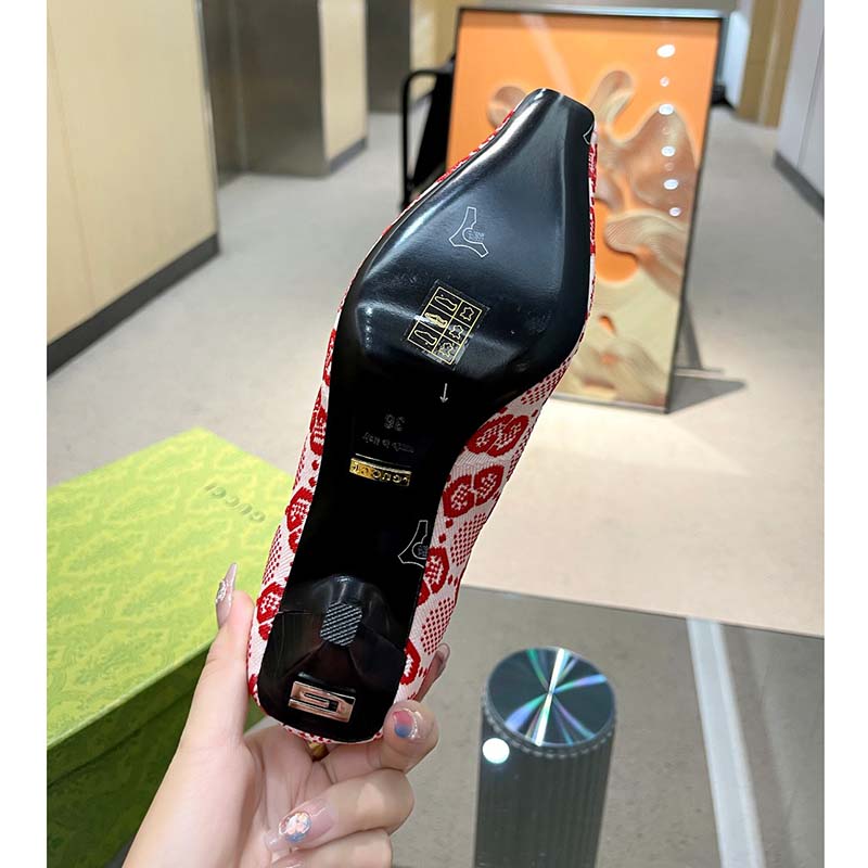 Gucci Women GG Knit Ankle Boots Pink Red GG Technical Fabric Leather Mid-Heel