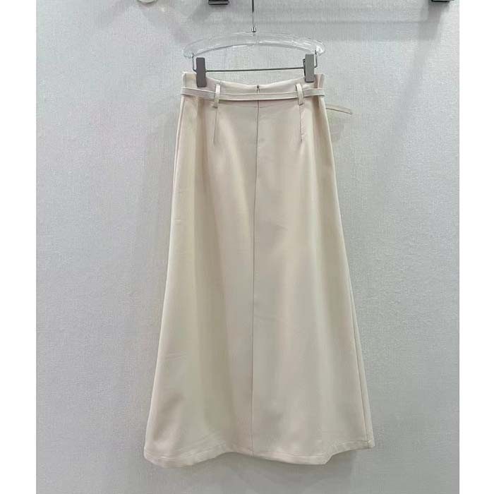 Dior Women CD Mid-Length Straight-Cut Skirt Ecru Wool Silk Waistband Side Vents