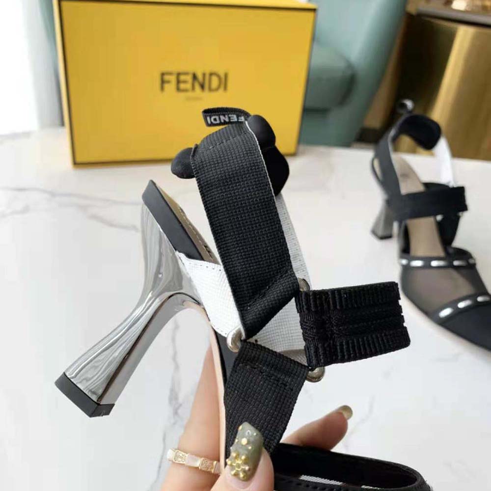 Fendi Women Colibri Black Mesh High-Heel Slingbacks with Metal Stitches