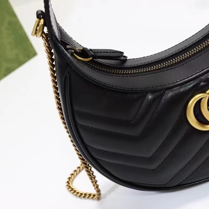 Gucci Women GG Marmont Half-Moon-Shaped Mini Bag Black Matelassé Chevron