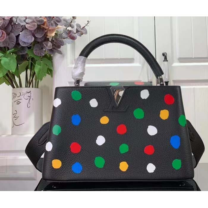 Louis Vuitton Women LV x YK Capucines MM Black Taurillon Bull Calf Leather 3D Painted Dots Print