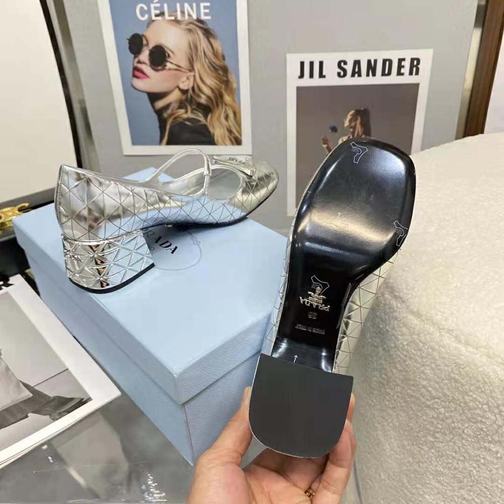 Prada Women Metallic Leather Pumps in 45mm Heel Height-Silver