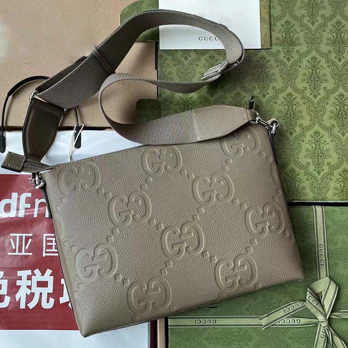Gucci Unisex Jumbo GG Medium Messenger Bag Dark Green Leather Zip Closure