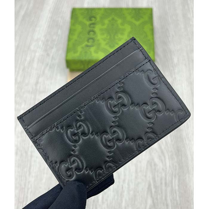 Gucci Unisex GG Gucci Signature Card Case Black Leather Metal Four Card Slots