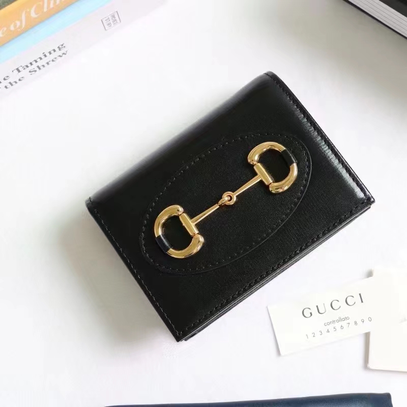 Gucci Unisex Horsebit 1955 Card Case Wallet Black Leather Five Cards Slots