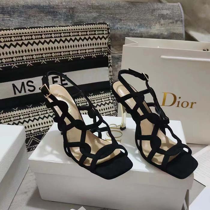 Dior Women CD D-Fame Heeled Sandal Black Suede Calfskin