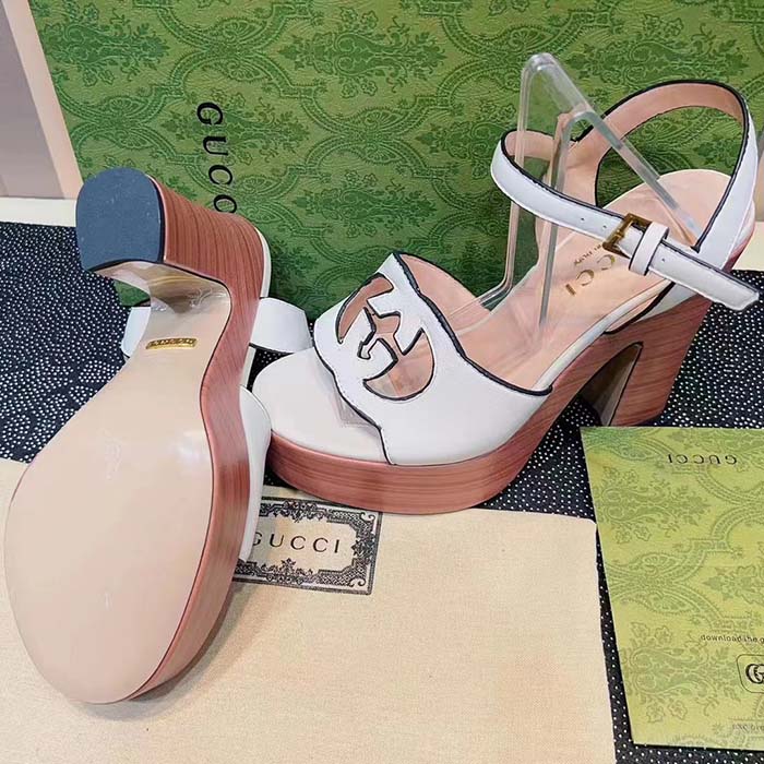 Gucci Women GG Interlocking G Sandal White Leather Wooden High 12 Cm Heel