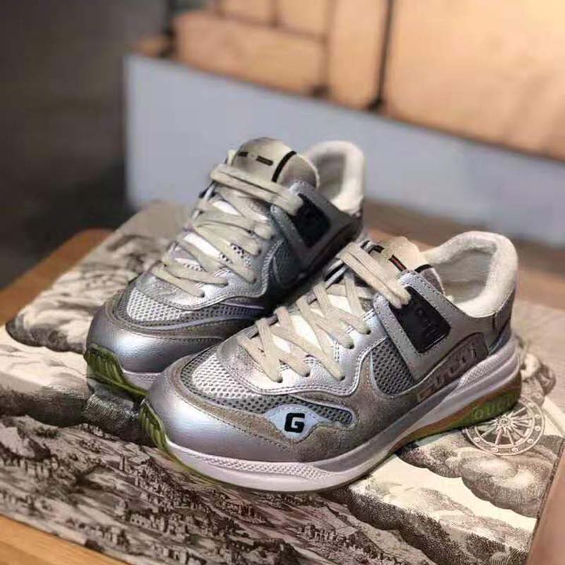 Gucci Unisex Ultrapace Sneaker with Embroidered Gucci and Interlocking G in Metallic Leather-Silver