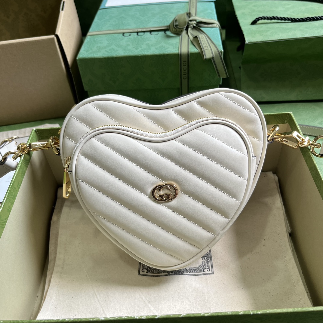 Gucci Women GG Interlocking G Mini Heart Shoulder Bag White Diagonal Matelassé Leather