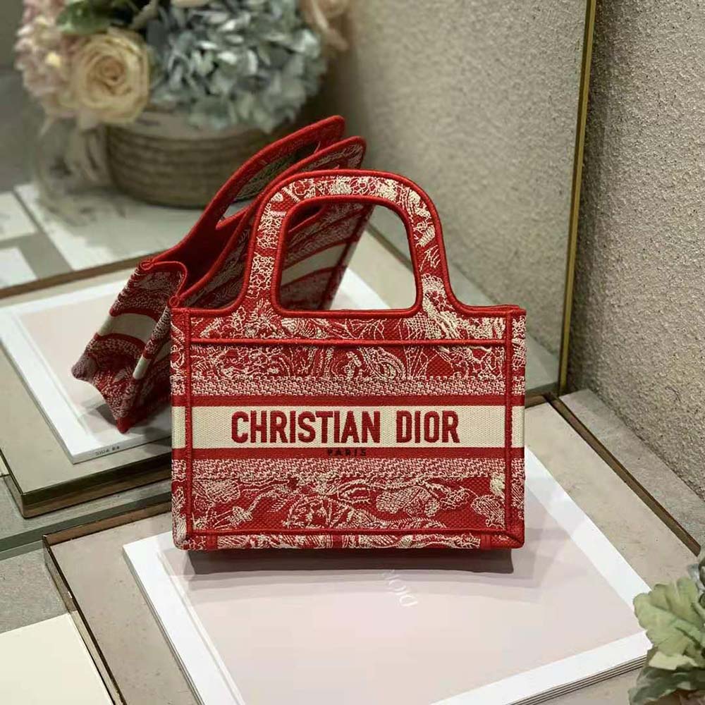 Dior Women Mini Dior Book Tote Fuchsia Toile De Jouy Reverse Embroidery