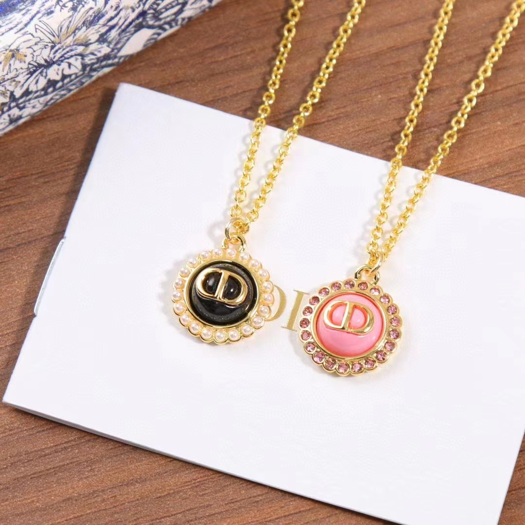 Dior Women Petit CD Baroque Necklace White Resin Pearls Black Glass