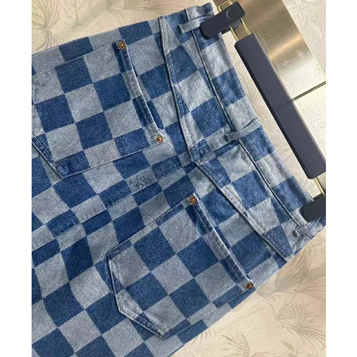 Louis Vuitton Women LV Damier Denim Skirt Cotton Blue Regular Fit 1AFGP2