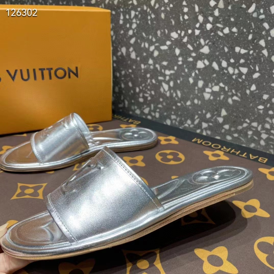 Louis Vuitton LV Women Magnetic Flat Mule Silver Lambskin Leather Outsole