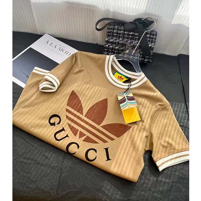 Gucci Men GG Adidas x Gucci Cotton T-Shirt Camel Jersey Trefoil Print Crewneck