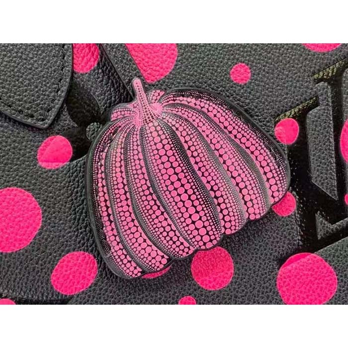 Louis Vuitton Women LV x YK Neverfull MM Black Fuchsia Embossed Grained Monogram Empreinte Cowhide