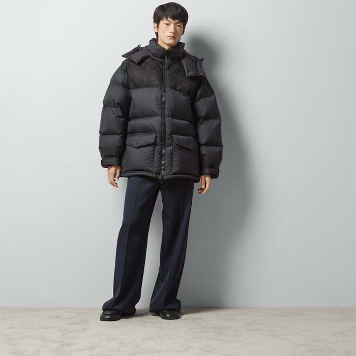 Gucci Men Nylon Down Jacket GG Inserts Feather Padding Lined High Neck Velcro Cuffs