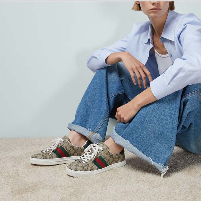 Gucci Unisex GG Ace Sneaker Web Beige Ebony GG Supreme Rubber Low-Heel