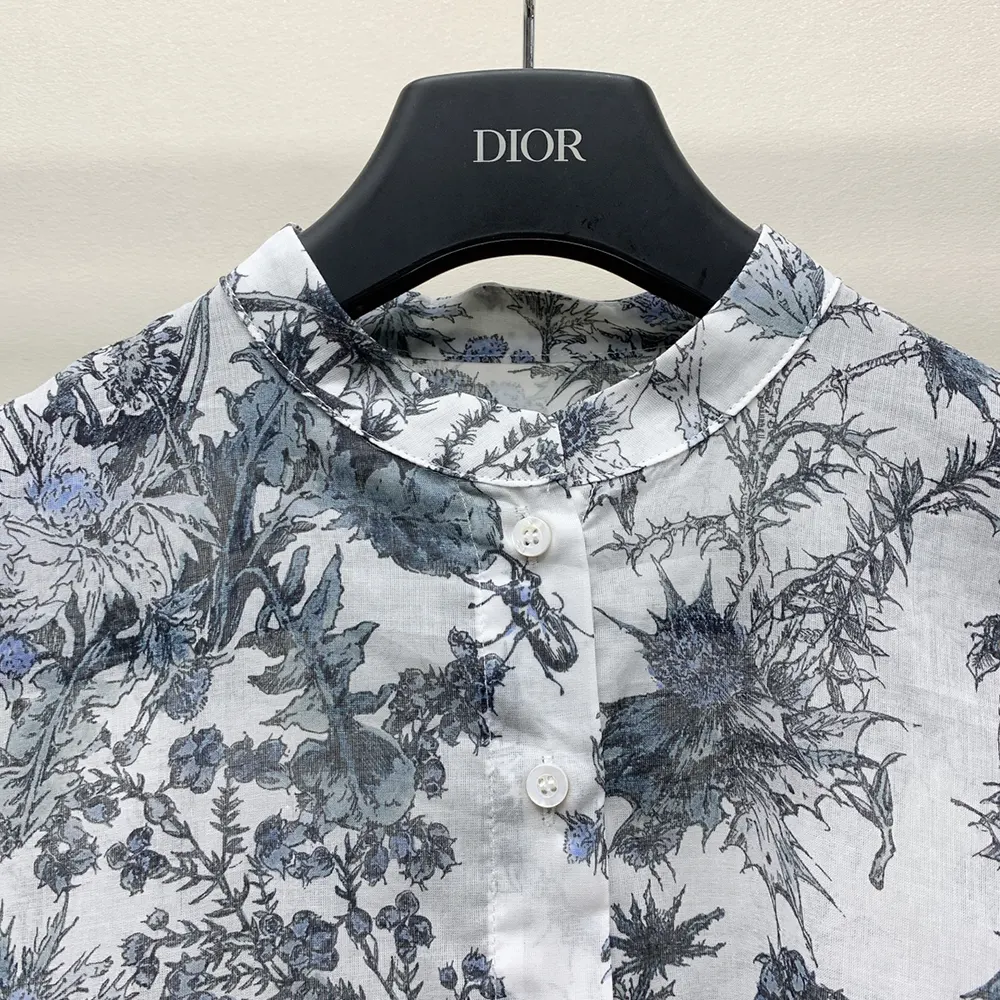 Dior Women Long Blouse White Cotton Muslin with Blue Dior Chardons Motif