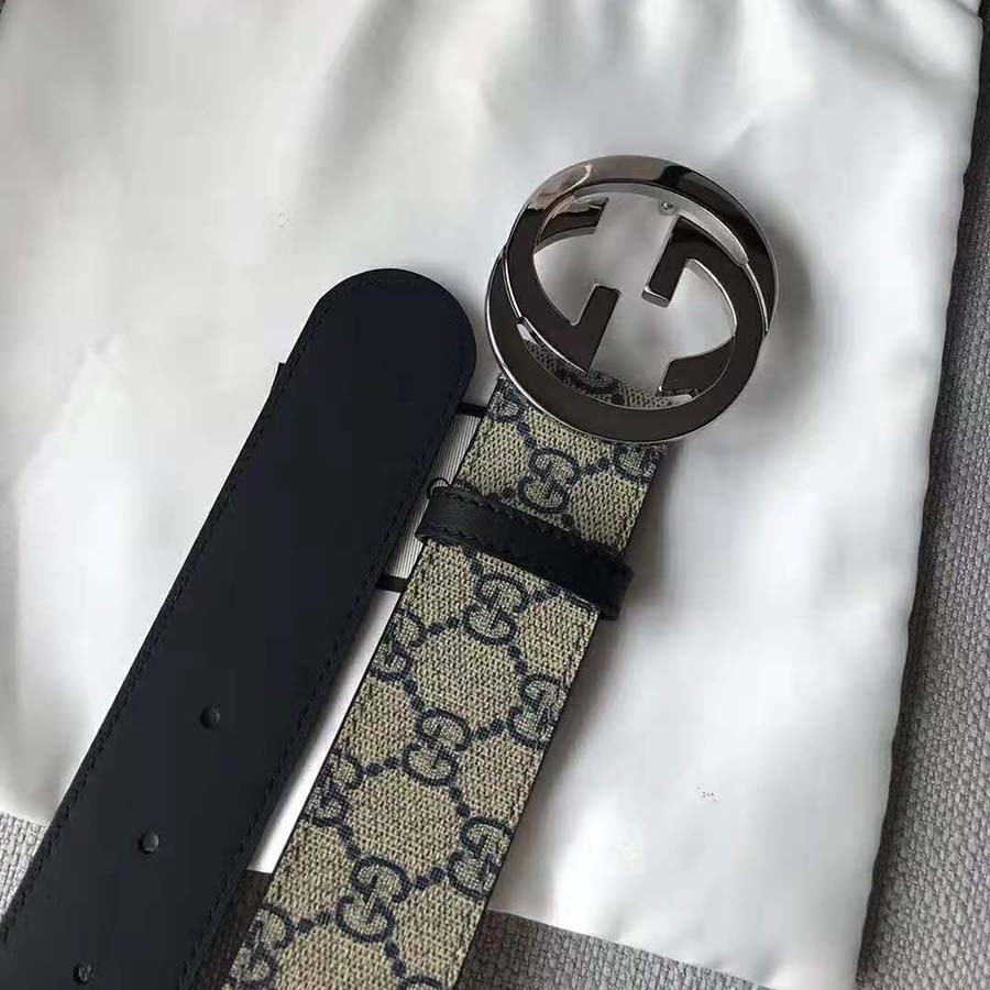 Gucci Unisex GG Supreme Belt with G Buckle in Beige/Blue GG Supreme Canvas