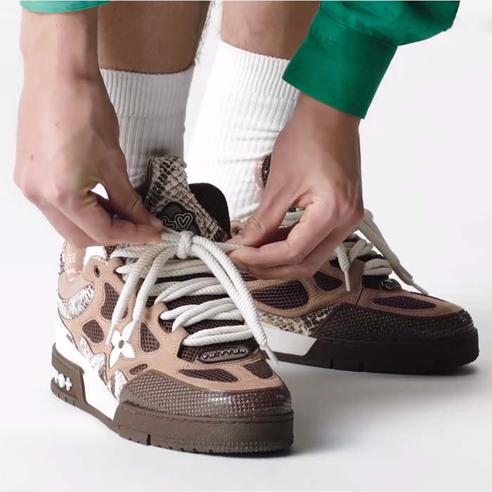 Louis Vuitton LV Unisex Skate Sneaker Brown Mesh Python-Like Embossed Leather Double Laces Rubber