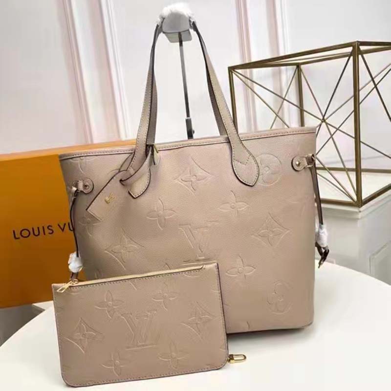 Louis Vuitton LV Women Neverfull MM Tote Beige Embossed Cowhide Leather