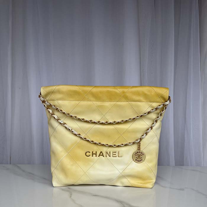Chanel Women CC 22 Handbag Pearly Shaded Calfskin Gold-Tone Metal Ecru Golden