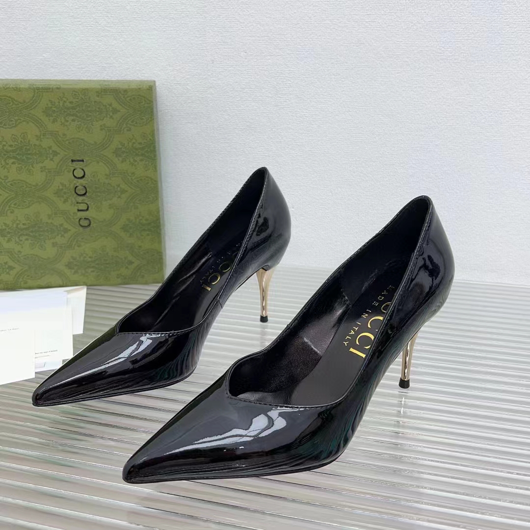 Gucci Women GG High Heel Pump Black Leather Pointed Toe 10 CM Heel