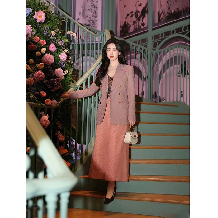 Gucci Women GG Cotton Canvas Jacket Grey Pink Lined Point Revers Double Breasted Fitted Waist