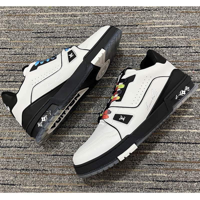 Louis Vuitton Unisex LV Trainer Sneaker White Calf Leather Rubber Monogram Flowers