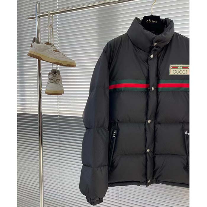 Gucci Women GG Water Repellant Down Jacket Black Water Nylon Satin Zip Front Zip Pockets