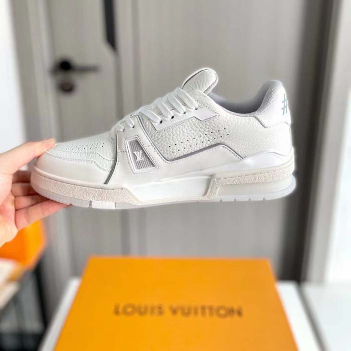 Louis Vuitton Unisex LV Trainer Sneaker White Grained Calf Leather Rubber Initials Monogram Flowers