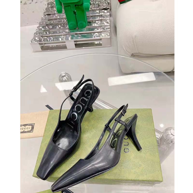 Gucci Women GG Slingback Pump Black Leather Back Ankle Buckle 8 cm Heel