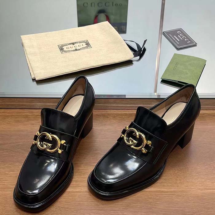 Gucci Women GG Loafer Interlocking G Shiny Black Leather Mid 6 Cm Heel