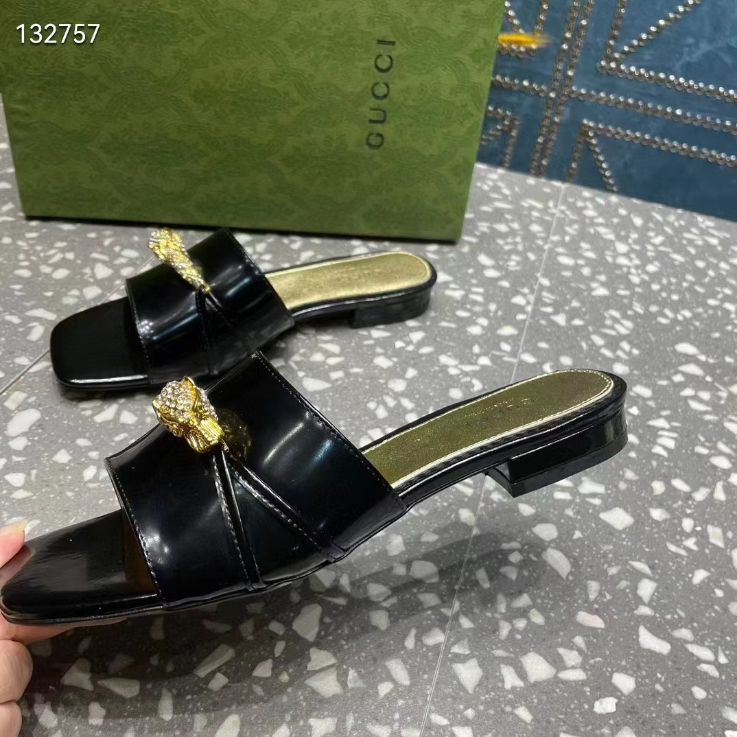 Gucci Women GG Slide Sandal Tiger Head Black Patent Leather Flat