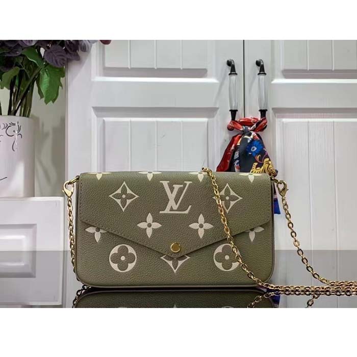 Louis Vuitton LV Women Félicie Pochette Light Khaki Cream Monogram Empreinte Embossed Grained Cowhide Leather