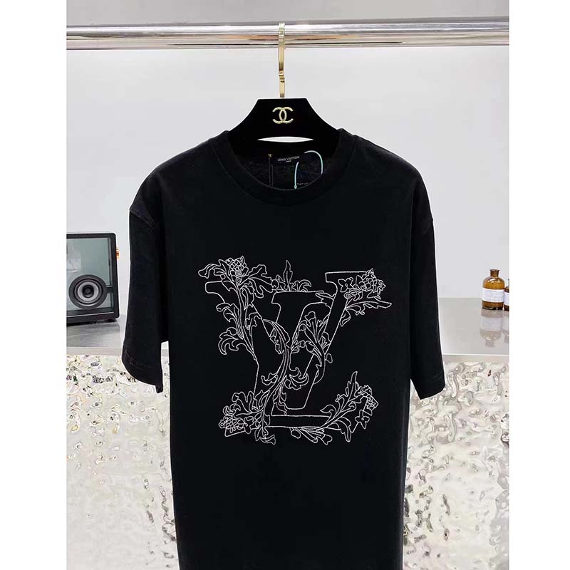 Louis Vuitton Men Embroidered LV Flower T-Shirt Cotton Jersey Regular Fit-Black