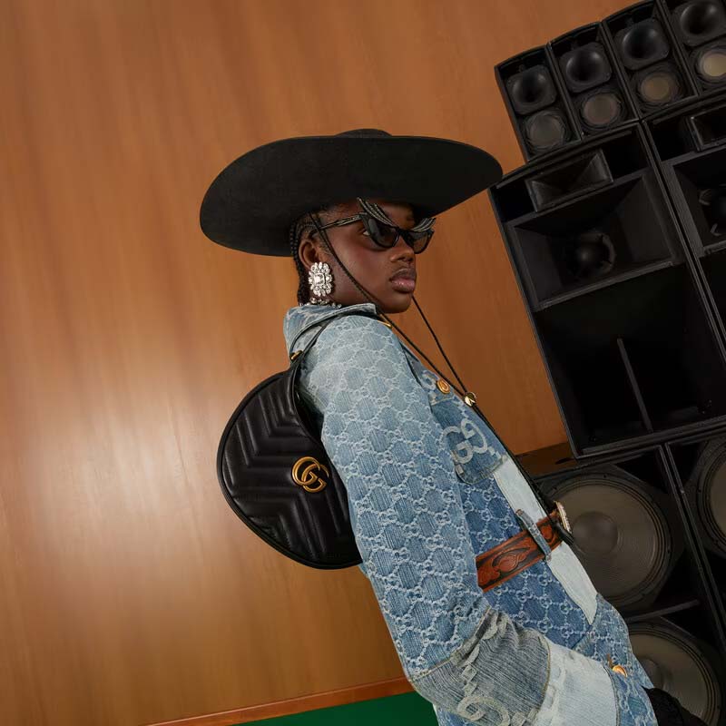 Gucci Women GG Marmont Half-Moon-Shaped Mini Bag Black Matelassé Chevron