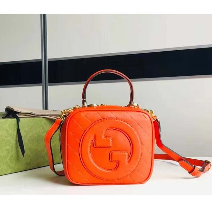 Gucci Women GG Blondie Top Handle Bag Orange Leather Round Interlocking G