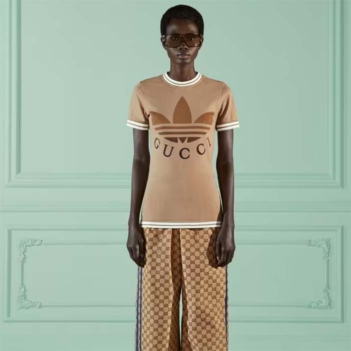 Gucci Women GG Adidas x Gucci Cotton T-Shirt Camel Jersey Trefoil Print Crewneck