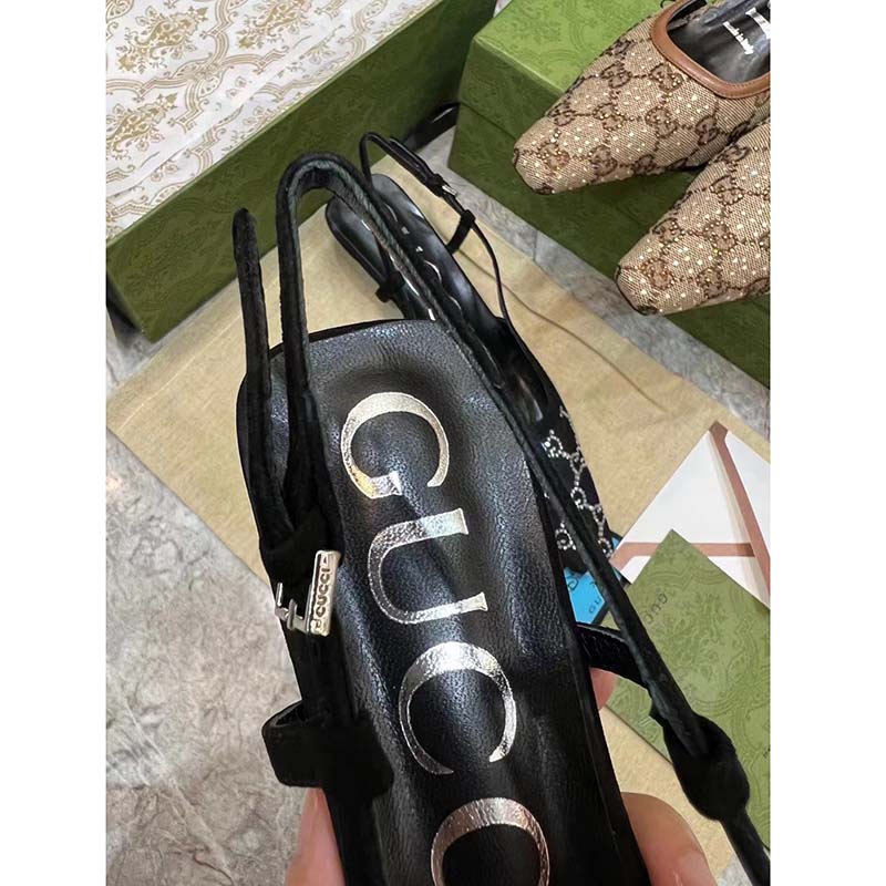 Gucci Women GG Slingback Pump Black Mesh GG Crystals Low 4 cm Heel