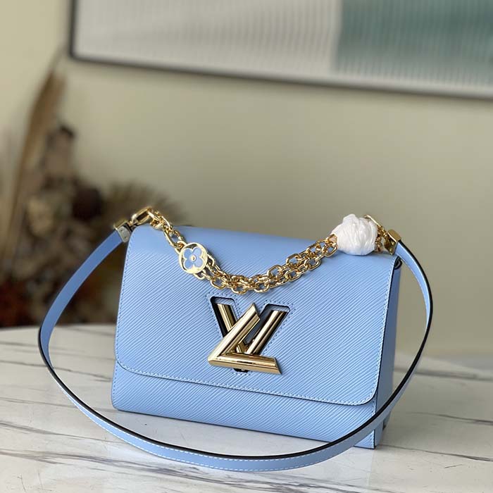 Louis Vuitton LV Women Twist MM Handbag Bleu Nuage Blue Epi Grained Leather
