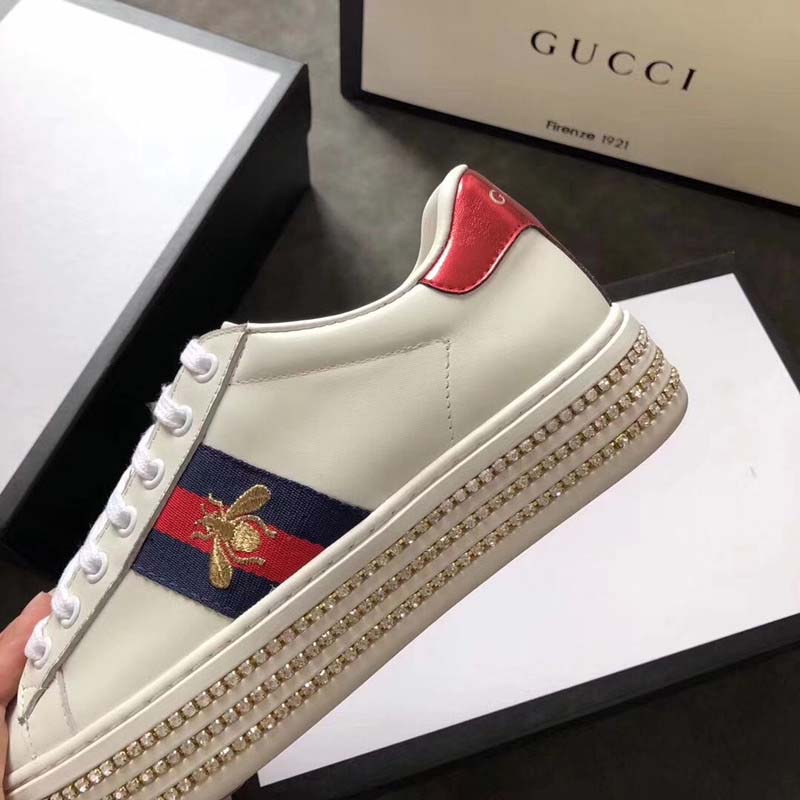 Gucci Women Ace Sneaker with Crystals White