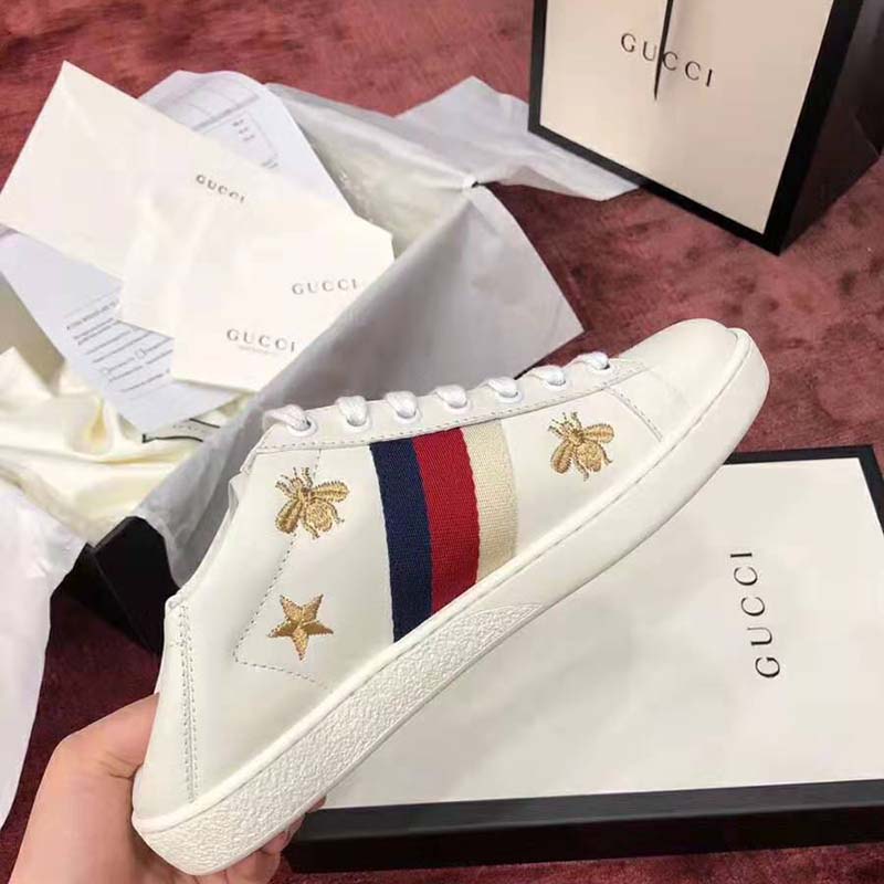 Gucci Women’s Ace Embroidered Sneaker in White Leather with Bees and Stars