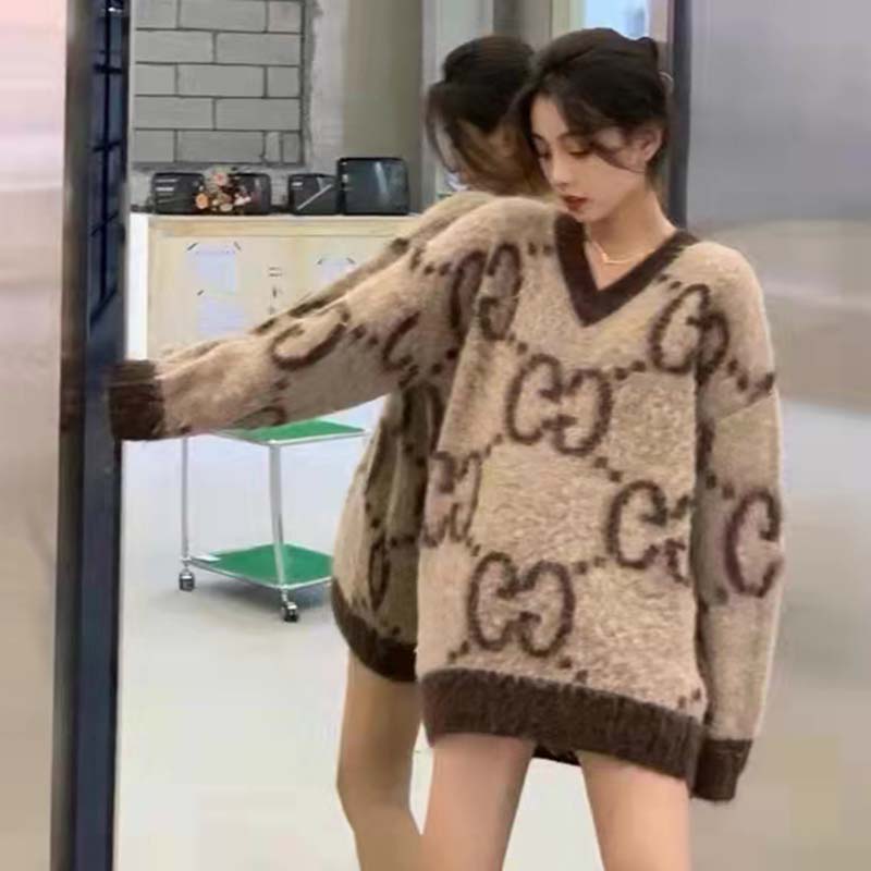 Gucci Women GG Mohair Wool V-Neck Sweater Beige Brown