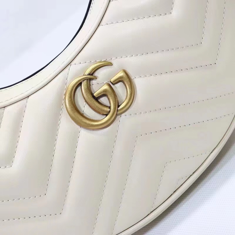 Gucci Women GG Marmont Half-Moon-Shaped Mini Bag White Matelassé Chevron