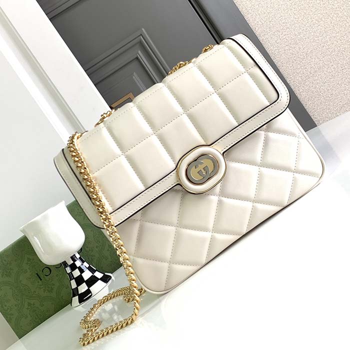 Gucci Women GG Deco Small Shoulder Bag Off White Quilted Leather