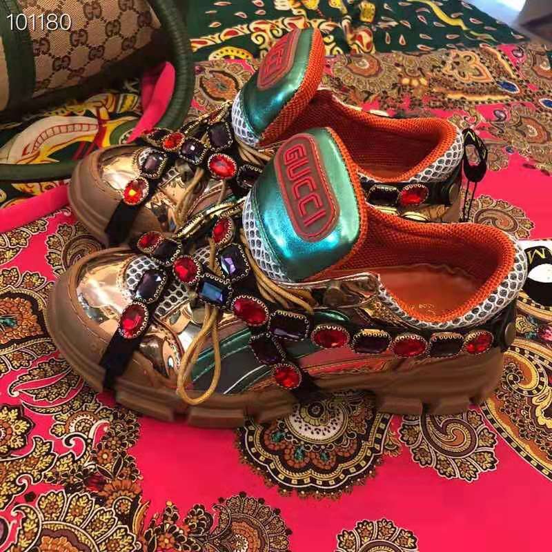 Gucci Women Flashtrek Sneaker with Removable Crystals 5.6cm Height-Brown