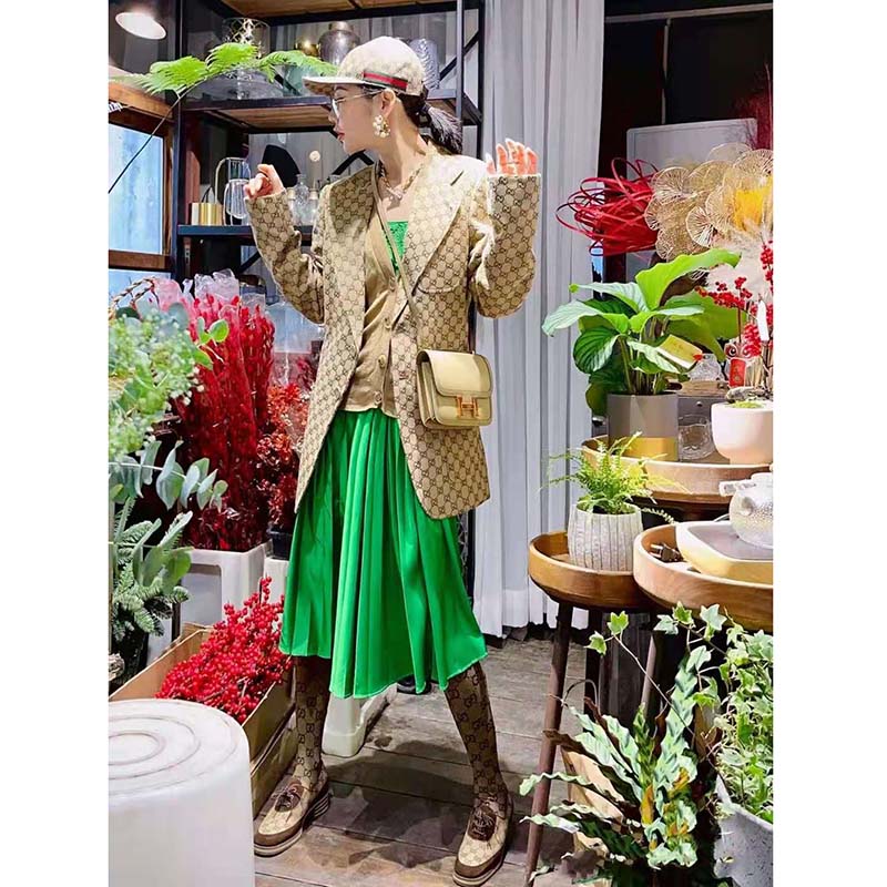 Gucci Women GG Canvas Jacket Camel/Ebony GG Cotton Canvas Full Canvas Construction