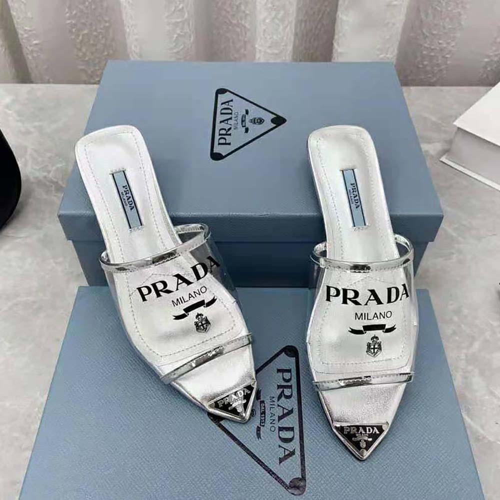 Prada Women Logo-Print Plexiglas Slides-Silver