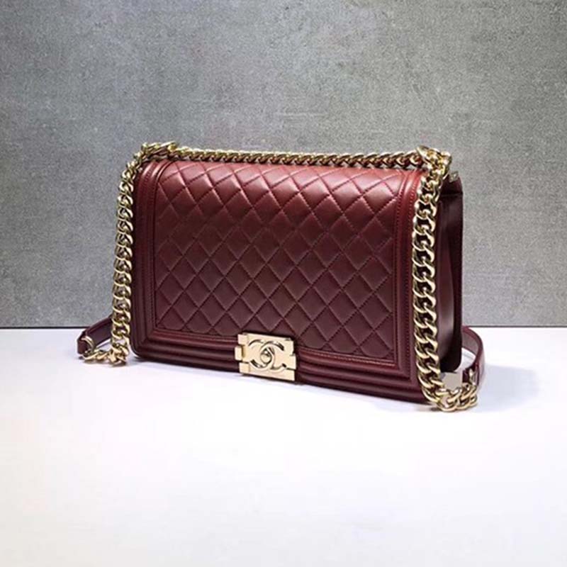Chanel Women Large Leboy Flap Bag with Chain in Goatskin Leather-Maroon